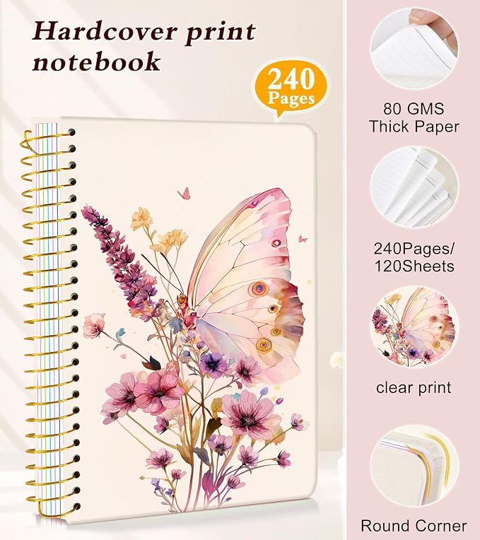 5 Subject Notebook College Ruled 240 Pages, A5(5.8"x8.3") Hardcover Spiral Notebook with Removable Dividers Tabs, Lined Spiral Journal Notebook for Women, Notebooks for Work School，ButterflyBouquet