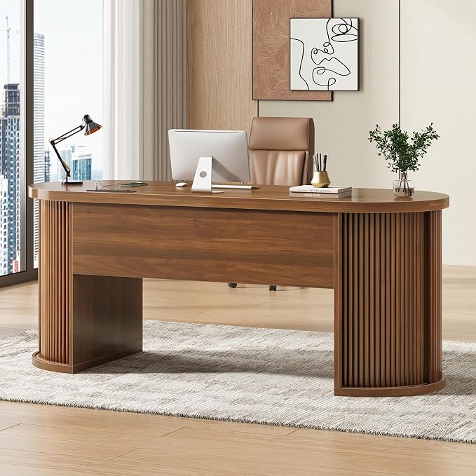 SEDETA 58.3" x 21.7" Fluted Office Executive Desk with 2 Drawers Storage | Brown Long Computer Desk with 2 Sliding Doors Shelves and Power Strip, Wood Curve Desk for Work, Writing, Study