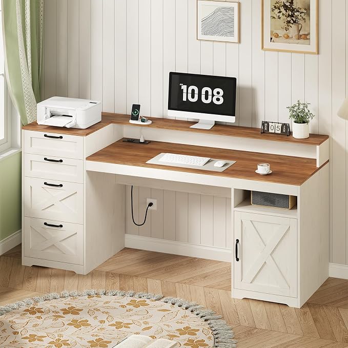 63" Farmhouse Computer Desk with 4 Drawers for Home Office, Bedroom | Executive Desk with Printer Shelf, Monitor Stand, Home Office Desks with Power Outlets, Storage Shelves, Antique White