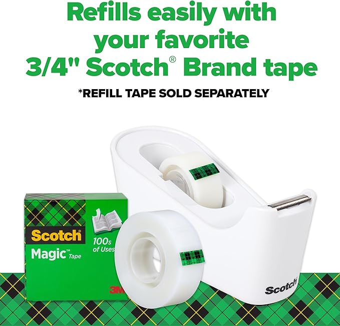 Scotch Tape Dispenser, White, Great for School or Office and Includes 1 Roll of Scotch Magic Tape 3/4 in x 350 in, ABS Material