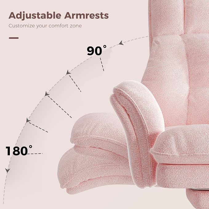 Big and Tall Office Chair, Flip Armrests for Pets & Cross Legged Sitting | Executive Ergonomic Computer Gaming Chair with Foot Rest, Teddy Fleece Wide Seat Reclining Desk Chair, Pink