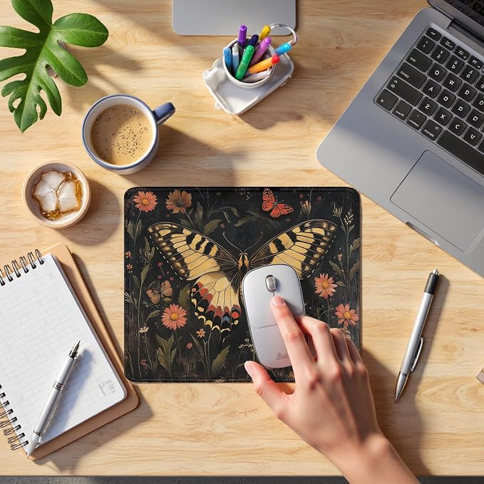 Moody Floral Butterfly Mouse Pad, Dark Contemporary Botanical Butterfly Mouse Pads Mousepad for Desk Home Office Dorm Laptop, Nature Office Supplies Desk Accessories, 9.5x7.9 Inch