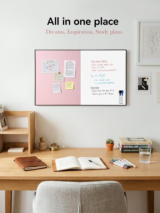 Cork Board White Board Combo for Wall | 30"X20" Linen Bulletin Board Whiteboard, Magnetic Dry Erase Corkboard for Home, Office, School, Pink