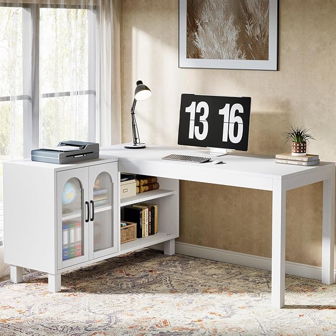 Tribesigns L-Shaped Desk with File Cabinet, 59-Inch Executive Office Desk with Storage Shelves, Wooden Study Writing Desk Farmhouse Corner Computer Desk for Home Office, White