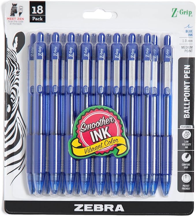 Zebra Pen Z-Grip Retractable Ballpoint Pen, Blue Ink, 1.0mm, 18-Pack | Smooth Writing, Medium Point Tip, Ideal for Planners, Note-Taking, School and Office Supplies, and Everyday Writing (22258)