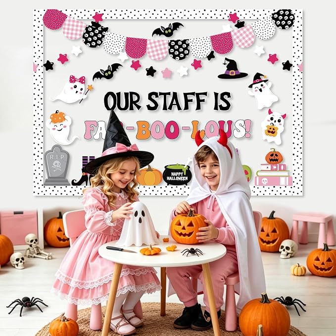 75Pcs Halloween Bulletin Board Decorations Set, Our Staff is Fab-Boo-Lous Halloween Pink Classroom Decor, Cute Boo Ghost Bat Paper Cutouts for School Office Door Wall Decor
