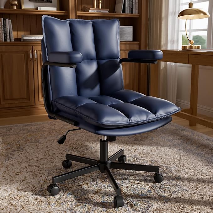 Mid Century Modern Desk Chair, Vintage Leather Office Chair, Blue | Petite Computer Chair for Small to Medium Women, Thickened Back, Cozy Seat, Adjustable Height for Home