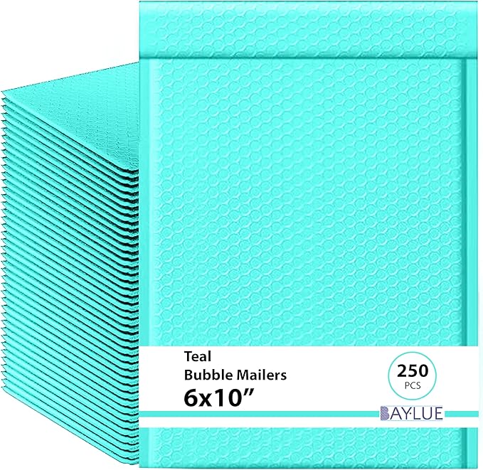 Teal Small Poly Bubble Mailers 6x10 inch #0 | Self Seal Padded Envelopes | Cushioned Bubble Mailer | Usable Size 6x9 | WaterProof | Lightweight mailing Shipping Bags | 250 Pack Bulk