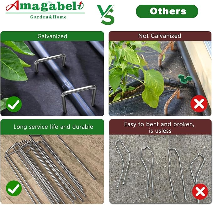 AMAGABELI GARDEN & HOME 300 Pack Galvanized Landscape Staples 10 Inch 11 Gauge Garden Staples Garden Stakes Plant Cover Stakes U-Shaped Landscape Stakes Landscape Pins for Weed Barrier Fabric