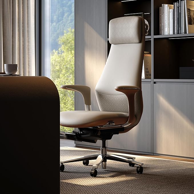 TOMU Executive Office Chair with Foot Rest, Top Grain Genuine Leather Office Chair, Ergonomic High Back Design. Real Leather, Wheels, Alumium Base. Padded Armrest, Luxury and Comfy (Beige)