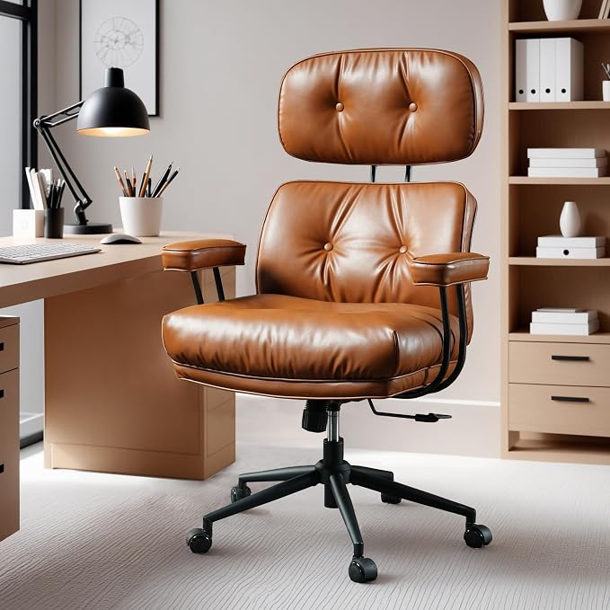 ovios Home Office Chair with Thick Cushion, Mid-Century Modern Faux Leather Ergonomic Chairs, High Back Swivel Rolling Computer Executive Armchair (Brown, PU Leather)