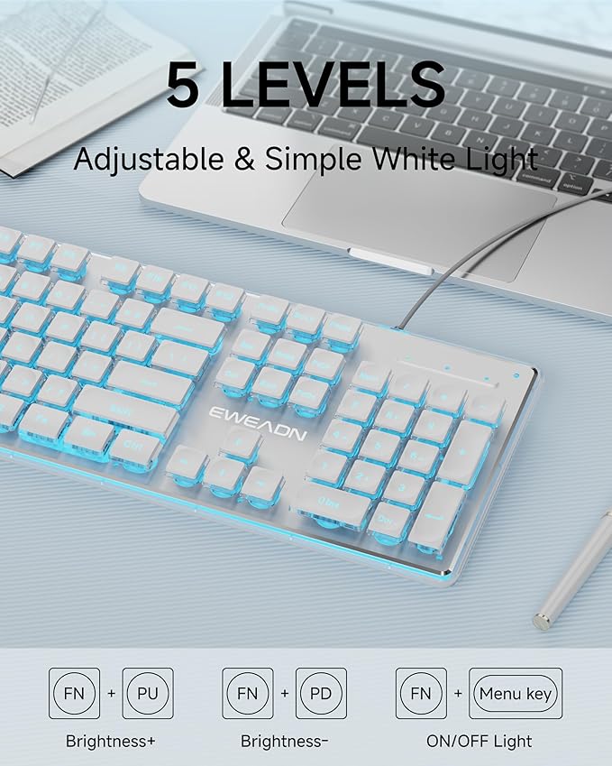 GX710S Backlit Computer Keyboards, Wired USB Keyboard with Blue Backlit, Metal Panel, Plug and Play, Pudding Keycaps Full Size Quite Computer Keyboard for Win/PC/Laptop-White