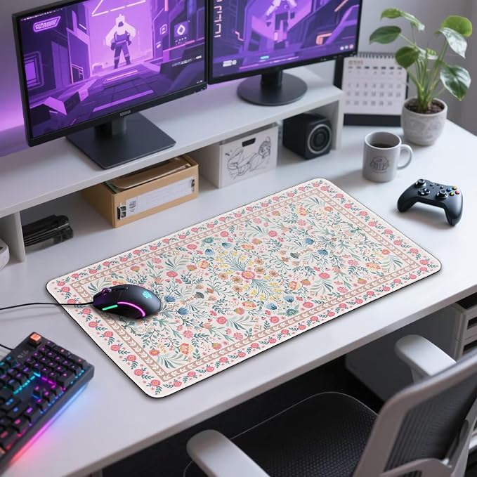 Pink Floral Large Gaming Mouse Pad Desk Mat 31.5"x15.7" | Extended Mousepad, Non-Slip Rubber Base , Stitched Edges, for Computer/Laptop/Office/Home