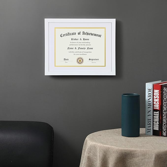 ELSKER&HOME 11x14 Diploma Frame, 8.5x11 Certificate&Document with Mat or 11x14 Inch Without Mat, White Frames, Display Degree or Award Frames (Double Mat, White with White Rim)