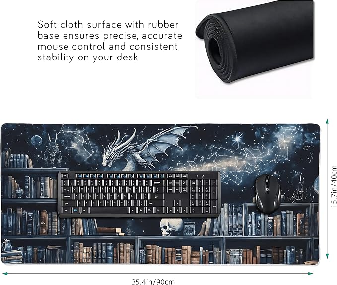 Aesthetic Dragon Gaming Mouse Pad, Black Blue Mystical Desk Mat with Anti-Slip Base & Stitched Edges, Computer Keyboard & Laptop Pad, 35.4" x 15.7" in in Workstation Accessories