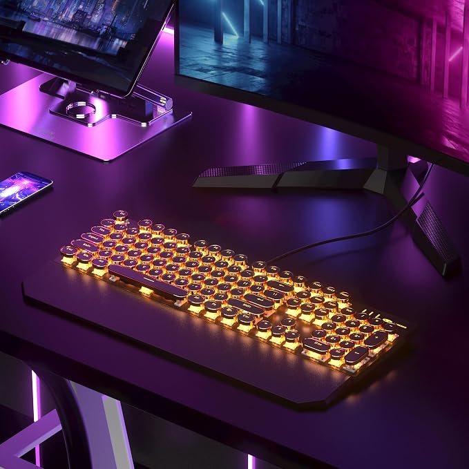 MageGee Typewriter Mechanical Gaming Keyboard, Retro Round Golden Electroplated Keycaps, LED Orange Backlit Wired Keyboards for Laptop PC Gamer, with Magnetic Wrist Rest, Metal Panel, Blue Switch