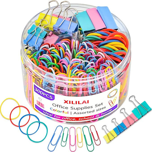 Paper Clips Binder Clips, Colored Office Clips Set - Back to School Supplies- Assorted Sizes Paperclips Paper Clamps Rubber Bands for Office and School Supplies, Document Organizing