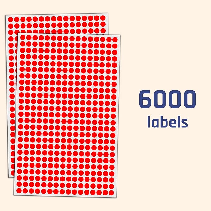 6000 Pack - 1/4" Small Dot Stickers Round Labels - Red