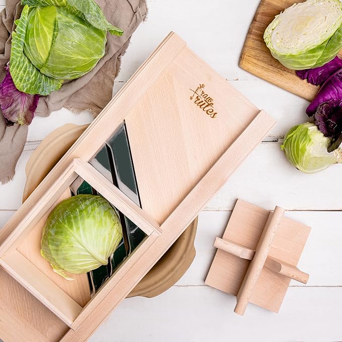 -Traditional Wooden Cabbage Shredder Slicer with Hand Guard for Finely Cut Sauerkraut and Coleslaw - Heirloom Quality - Made in Europe!