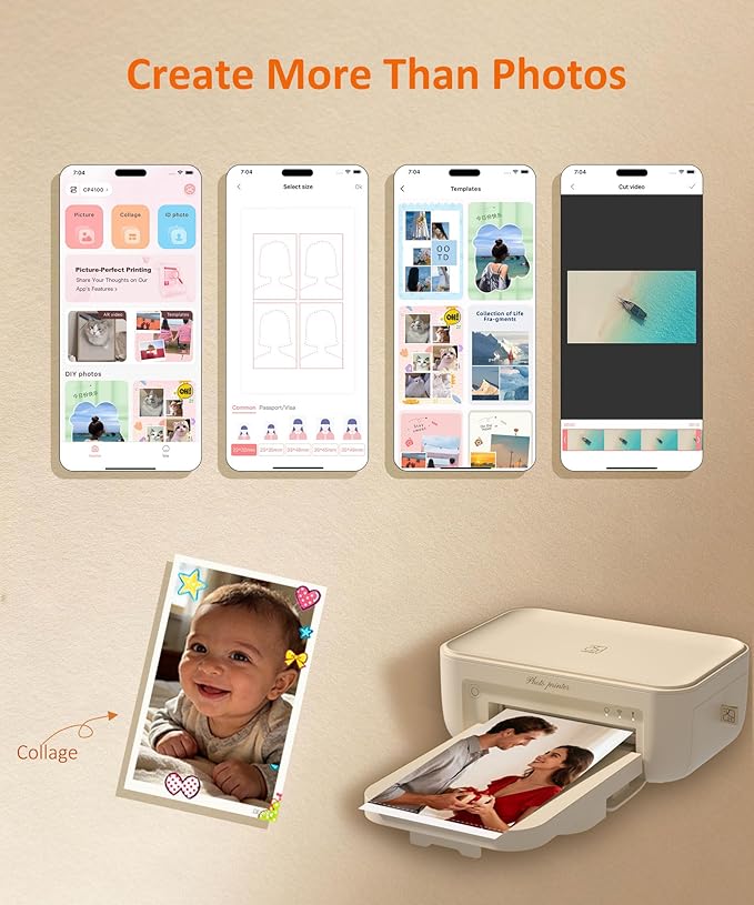 HPRT CP4100 4x6 Photo Printer with 108 Sheets & 2 Ribbons, Full-Color Thermal Dye Sublimation Wi-Fi Printing, Portable Instant Picture Printer for iPhone/Android, AR Video, Fun App, Home Use, Beige