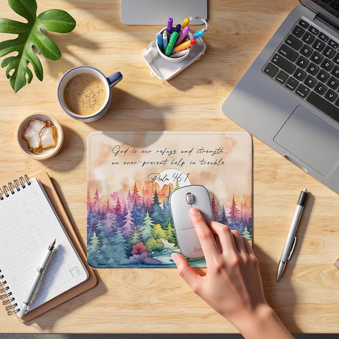 Watercolor Forest Christian Mouse Pad, Psalm 46:1Bible Verse Mouse Pads Mousepad for Desk Home Office Dorm Computers Laptop, Religious Office Supplies Desk Accessories, 9.5x7.9 Inch