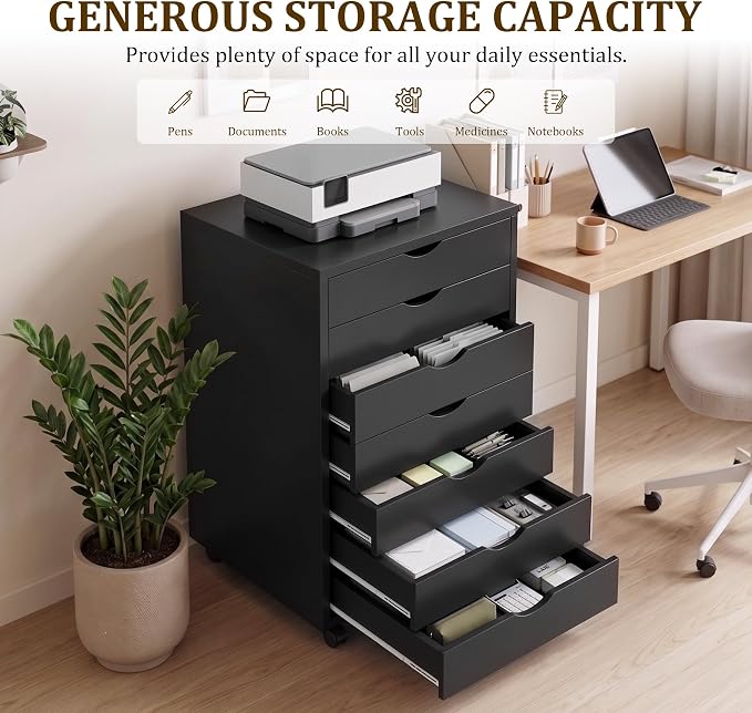 7 Drawer Office Storage Cabinet, Rolling File Cabinet for Office, Black | Office Storage Cabinet with 7 Drawers, Rolling File Cabinet with Wheels for Home Office, Desk Storage and Printer Stand