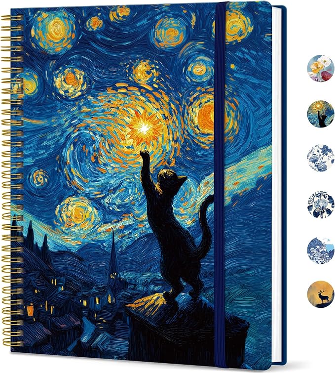 Large Spiral Lined Journal for Women and Men, Notebook for Work | Cosmic Feline 8.5" x 11" Notebooks for Note taking, Writing & Journaling, College Ruled Pages, Plastic Cover