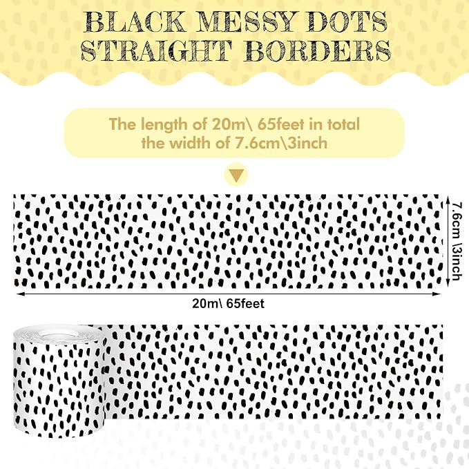 Zonon 65 Feet Bulletin Board Borders Black Dots, Classroom Trim Rolled | Scalloped Polka Dot Design, Decorative Borders for Classroom Back to School, Boho Style Trim Perfect for Bulletin Displays
