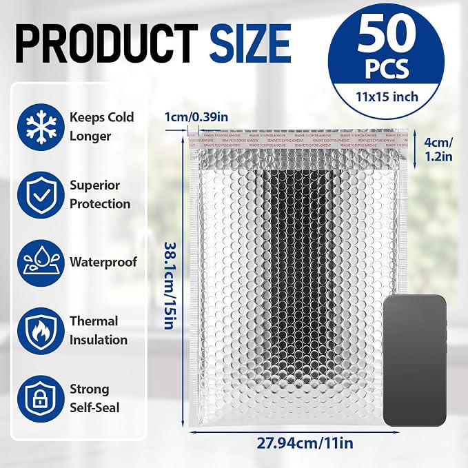 50 Pack 11 x 15 Inch Insulated Bubble Mailers, Silver | Self Adhesive Closure, Foil Lined Interior, Padded Cushioning, Waterproof, Cold Delivery Packing, for Food and Cosmetics
