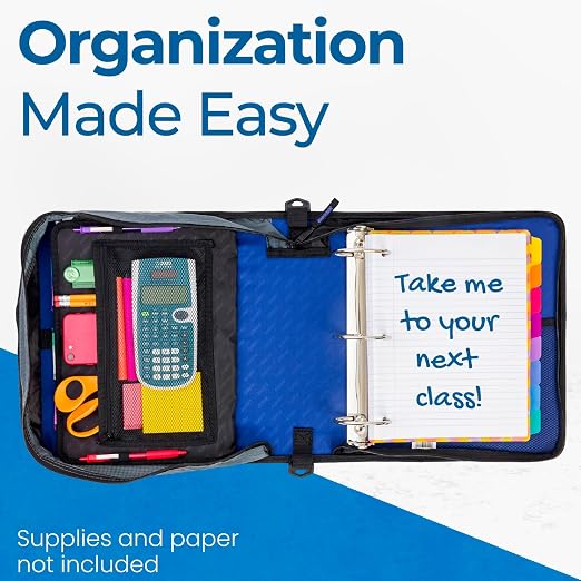 Case-it Mighty Zip Tab School Zipper Binder | 3-Inch O-Rings, 600-Sheet Capacity, 5-Subject Expanding File Folder, Multiple Pockets & Storage Organizer, Shoulder Strap | D-146 Blue