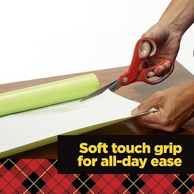 Scotch Multi-Purpose Stainless Steel All-Purpose 2 Pairs of Scissors, 8 Inches, Red & Gray, Great for cutting holiday gift wrap paper