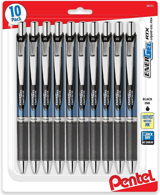 Pentel Energel 0.5 mm, Black Needle Tip Pens - Rtx Retractable Pack of 10 Pens | Fine Point, Black Ink Pens