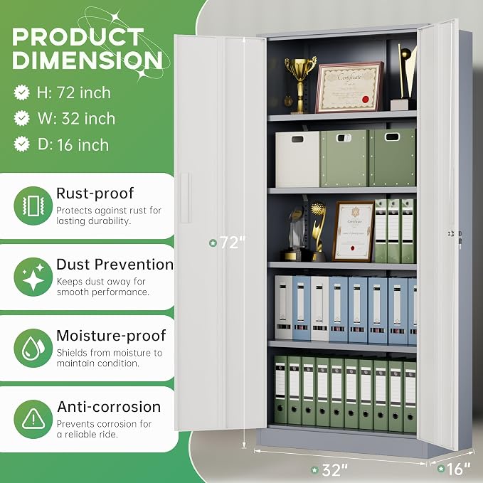 Metal Storage Cabinet, 72" H Lockable Steel Cabinets with Locking Doors, Storage Locker with Adjustable Shelves for Office, Home, Garage, Gym, School (White Grey)