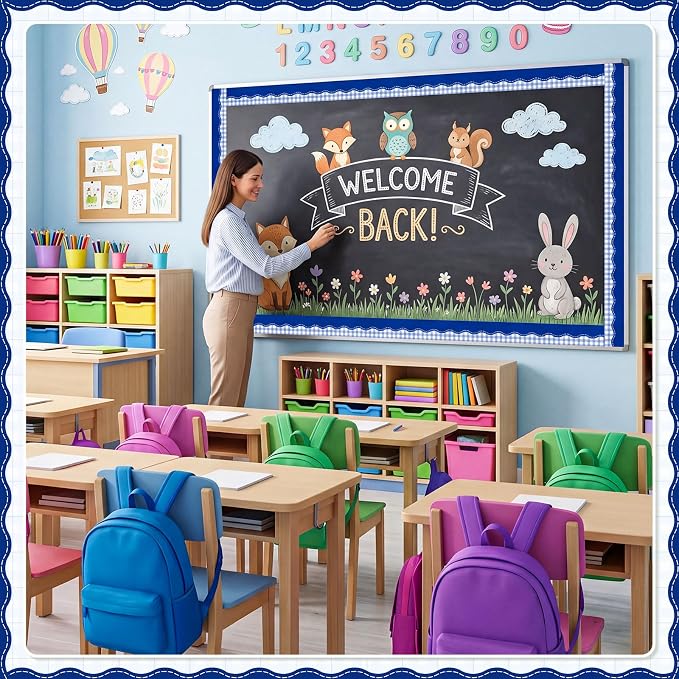 2 Rolls 65.6ft Dark Blue Gingham Bulletin Board Borders Decoration Blue Checkered and Straight Edge Bulletin Borders Board Trim for Office School Classroom Chalkboard Party Decoration
