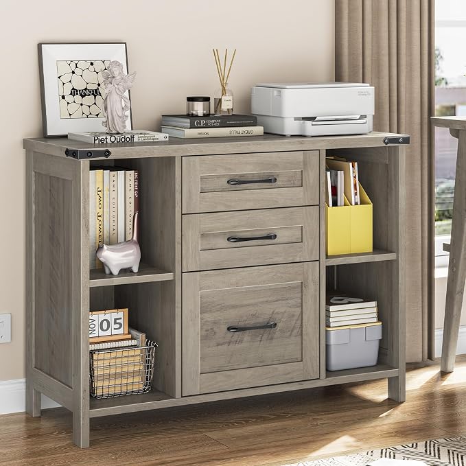 Befrases Farmhouse File Cabinet, Lateral Filing Cabinet with 3 Drawers for Letter/A4 Size Hanging Files, Large Wooden Printer Stand with Adjustable Shelves for Home Office, Rustic Grey