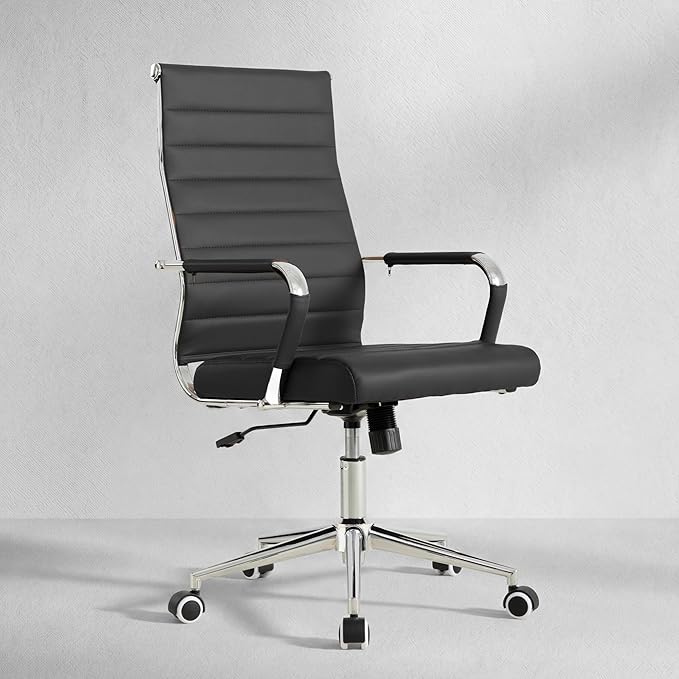 Okeysen Office Desk Chair, Ergonomic Leather Modern Conference Room Chairs, Executive Ribbed Height Adjustable Swivel Rolling Chair for Home Office Set of 4. (Black)