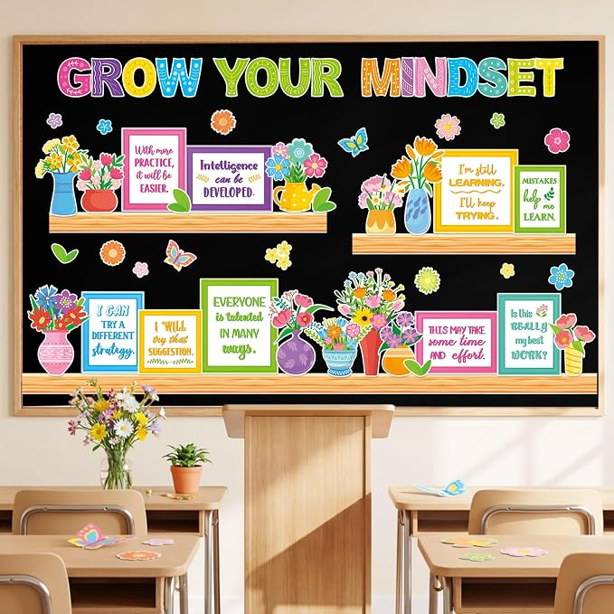 Qilery Growth Mindset Bulletin Board Set - Spring Floral Classroom Decor | Growth Mindset Positive Affirmation Wall Art, Motivational Potted Plant Cutouts for Teacher & Elementary School Counselor