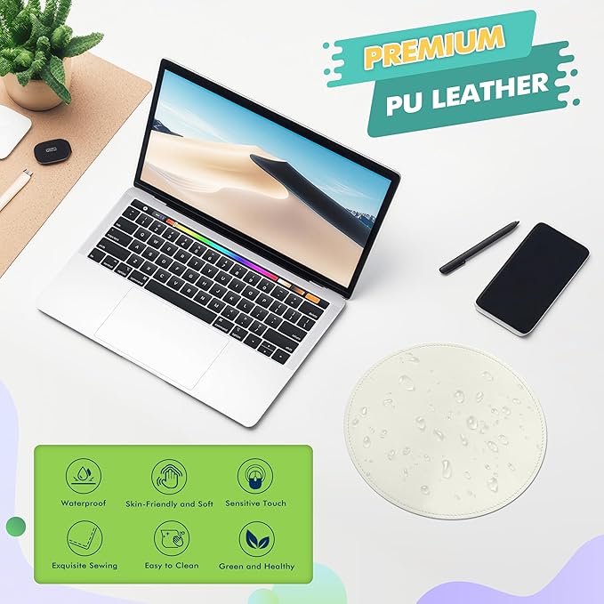 Mouse Pad，Round Mouse Pad，PU Mouse Pad，Leather Mouse Pad with Stitched Edge Micro-Fiber Base with Non-Slip Waterproof，Mouse Pad for Computers，Laptop，9 x 9 Inch (White)
