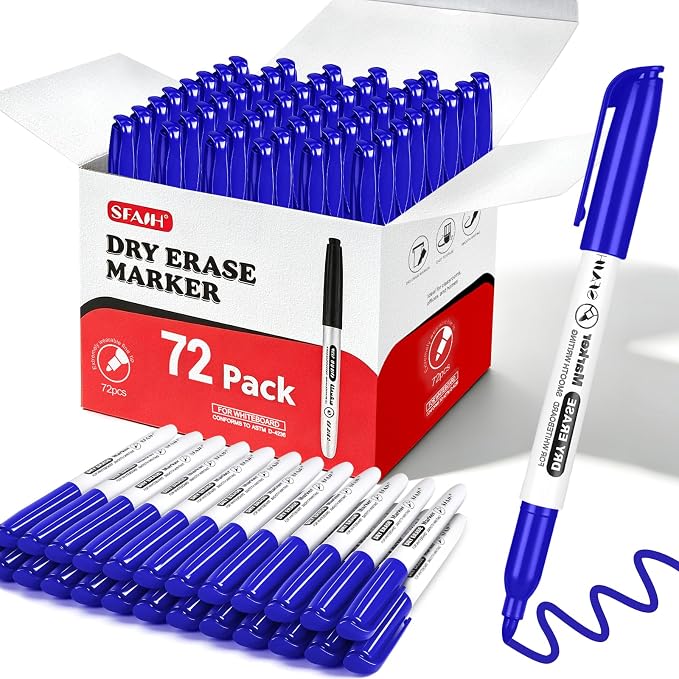 SFAIH Blue Dry Erase Markers Fine Tip, 72 Pack, 1-2mm Line, Low Odor | Easily Erases, for Whiteboards & Non-Porous Surface, Ideal for Brainstorming, Planning, Teams & Creative Sessions