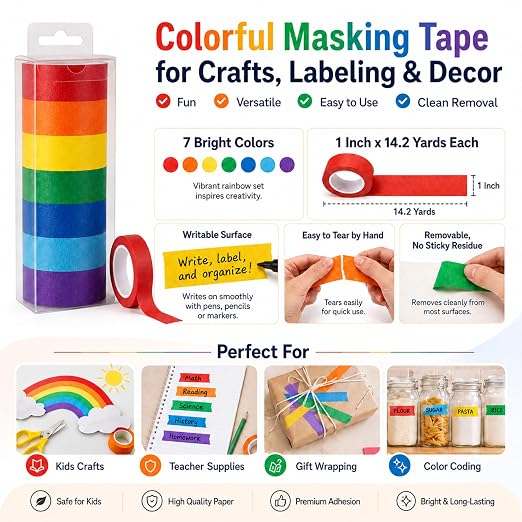 Colored Masking Tape 1 Inch, 7 Rolls, Colorful Tape for Crafts. | 7 colored tape rolls, 14.2 yd each, writable and removable, easy to tear by hand, in a clear hanging case.