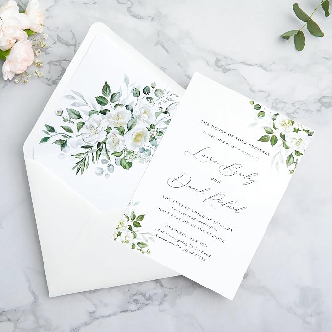 PONATIA 50PCS A7 Euro Flap Envelopes, 5.25 x 7.25'' Liner Envelope For 5x7'' Weddings Invitation Cards, Christmas Gift Cards, Acrylic Invitations, Photos (Ivory & White flower)