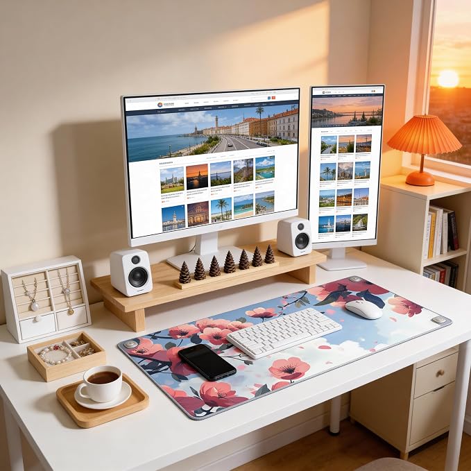 Cute Floral Aesthetic Cherry Gaming Mouse Pad, Blue Pink Anime Desk Mat with Anti-Slip Base & Stitched Edges, Office Supplies & Desk Decor for Women, 35.4" x 15.7" in Home Office Essentials