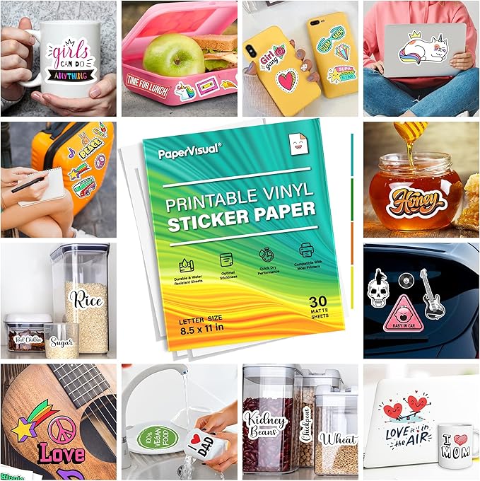 Premium Printable Vinyl Sticker Paper for Inkjet and Laser Printer - 30 White Matte Sticker Paper Waterproof - Excellent Adhesion Paper 8.5 x 11, Fast Dry, Holds Ink Well, Great for Cutting Machines