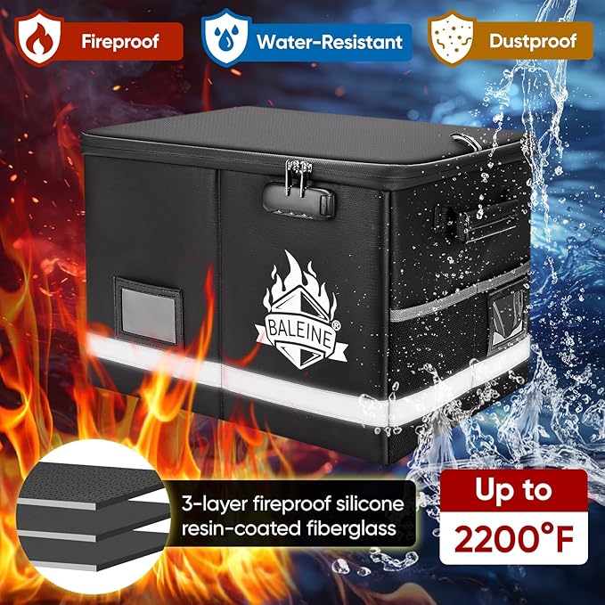 BALEINE Fireproof Document Box with Lock, Portable Waterproof Fire Proof File Organizer Box, File Storage Bag Safe Box for Important Paperwork (Black, 16''x12.5''x11.5'')