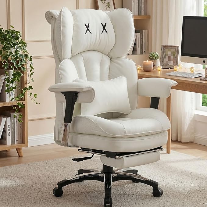 Efomao Big & Tall Desk Chair, Wide Executive Office Chair with Footrest White-L