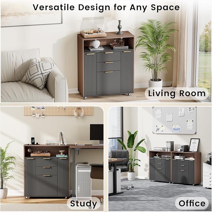 Fluted Mobile File Cabinet with Charging Station | 37" Rolling Storage Cabinet with 3 Drawers, Printer Stand with Wheels for Home Office, Black Walnut