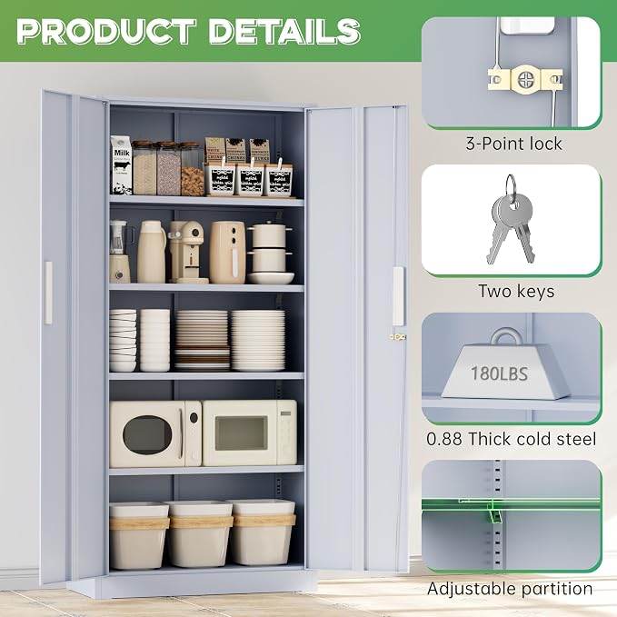 Metal Storage Cabinet, 72" H Lockable Steel Cabinets with Locking Doors, Storage Lockers with Adjustable Shelves for Office, Home, Garage, Gym, School (Cement Grey)