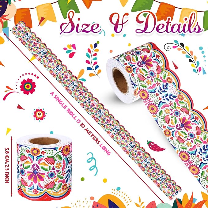 32.8 Ft Spanish Bulletin Board Borders Mexican Scalloped Trim | Fiesta Trim for Classroom Office, Hispanic Heritage Displays, Rainbow Floral Scalloped Edge, Party Wall Decoration Supplies