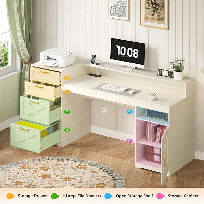 63" Farmhouse Computer Desk with 4 Drawers for Home Office, Bedroom | Executive Desk with Printer Shelf, Monitor Stand, Home Office Desks with Power Outlets, Storage Shelves, White