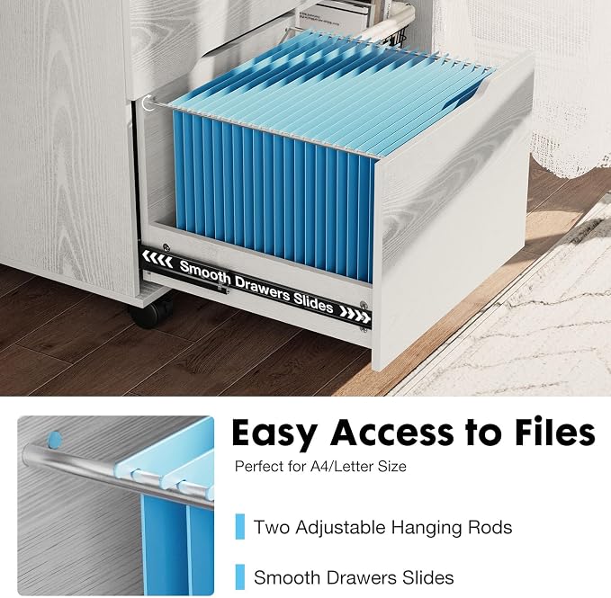 OLIXIS 3 Drawer Lateral File Cabinet, Rolling Printer Stand with Storage | Mobile Filing Cabinet Fits Under Desks, Holds A4/letter Files with Hanging Frame and Lockable Wheels, White